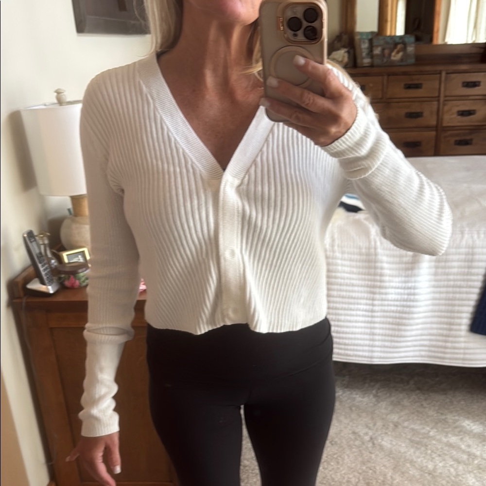 CAbi White Ribbed V-Neck Cropped Cardigan